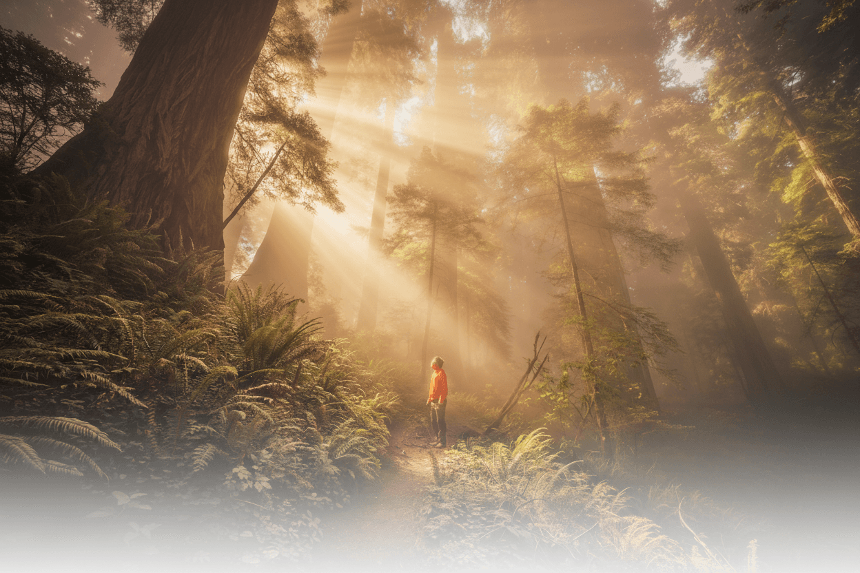 Golden sunbeams streaming through ancient redwood forest — conservation habitat