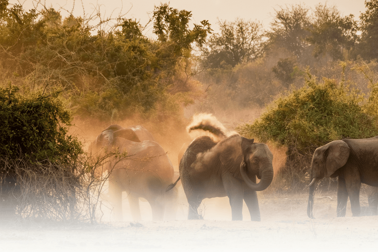 Elephants walking through golden dust in African savanna — conservation habitat