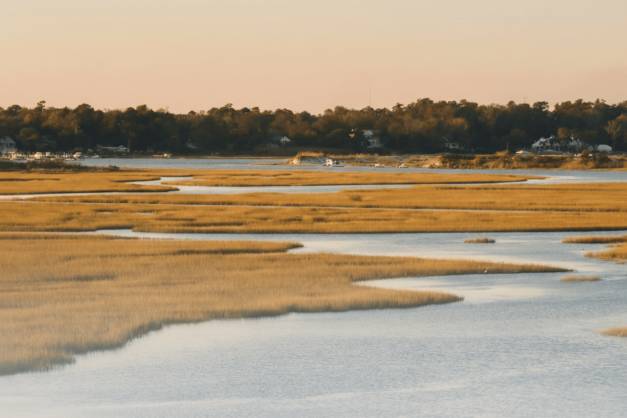 Golden salt marsh and tidal channel at sunset